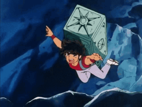 a cartoon character is flying through the air with a safe on his back .