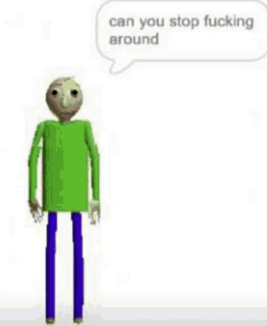 a cartoon character in a green shirt and purple pants is standing in front of a white background with a speech bubble .