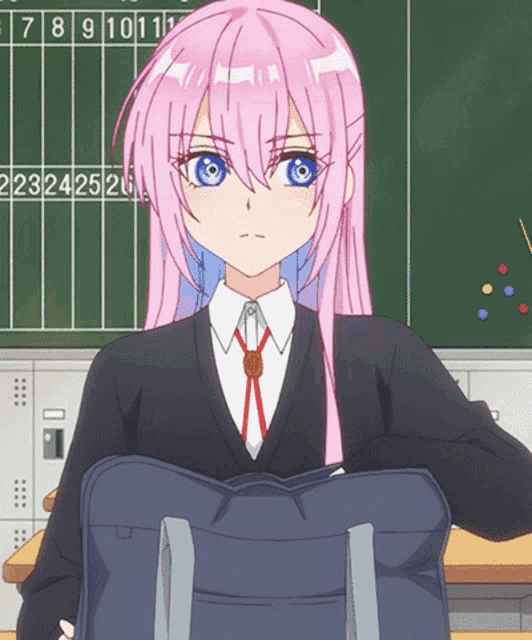 a girl with pink hair and blue eyes is sitting in front of a blackboard with the numbers 7 8 9 10 11 and 223242526 on it