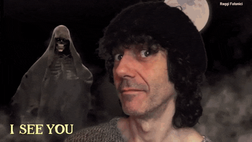 a man stands in front of a skeleton with the words i see you above him