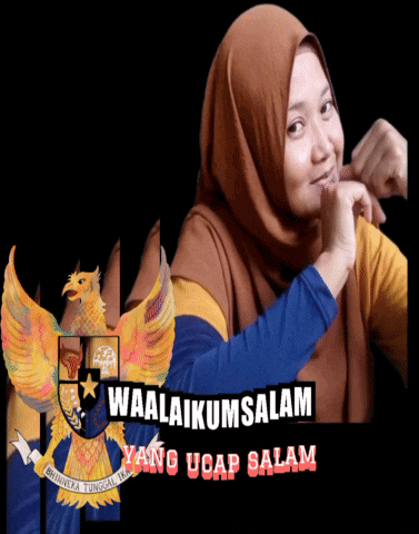 a woman wearing a hijab stands in front of a sign that says waalaikumsalam yang ucap salam