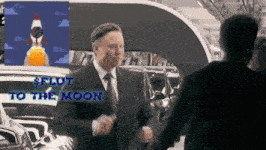 a man in a suit and tie shakes hands with another man in front of a rocket that says $ flot to the moon