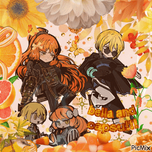 a picture of bella and capsule is surrounded by flowers