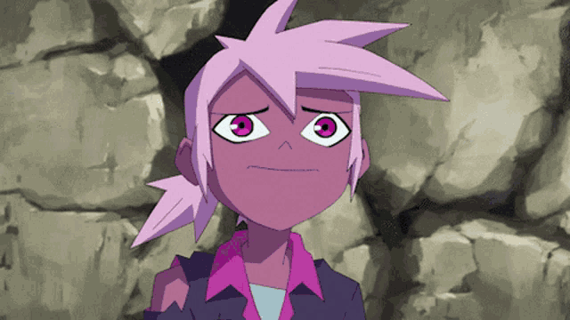 a cartoon character with pink hair and big eyes
