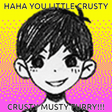 a drawing of a boy 's face with the words `` haha you little crusty crusty musty furry !!! ''