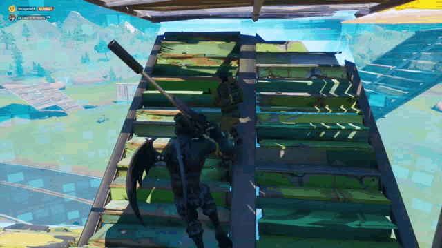 a person in a video game is standing on a set of stairs holding a sniper rifle