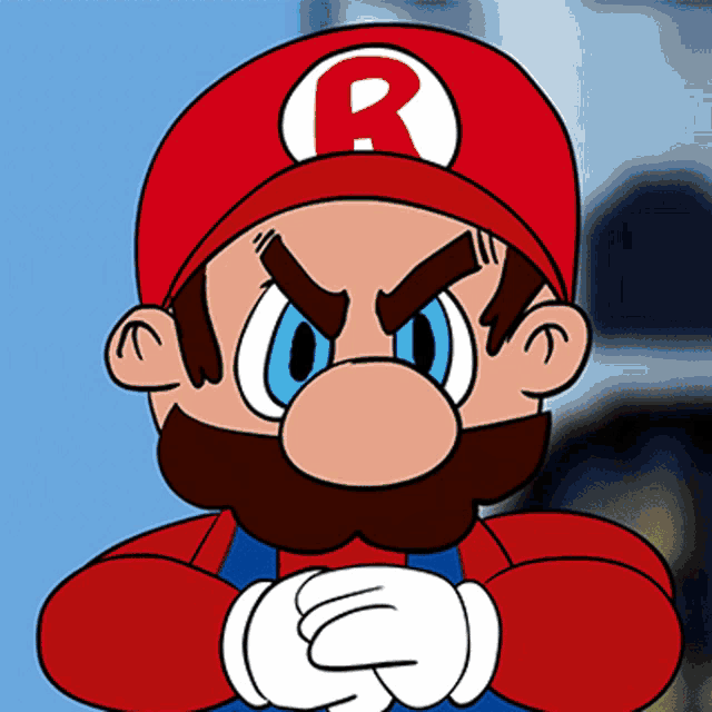 a cartoon of mario wearing a red hat with a white r on it