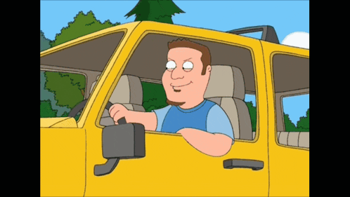 a cartoon character is driving a yellow vehicle