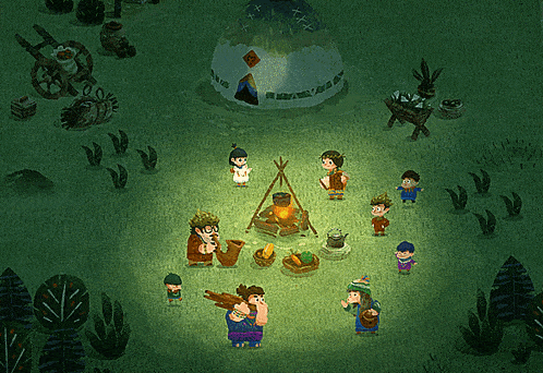 a group of people are gathered around a campfire in a game