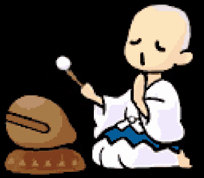 a pixel art drawing of a bald man kneeling down holding a drum