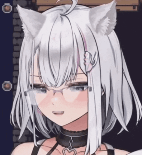 a girl with white hair and cat ears wearing glasses