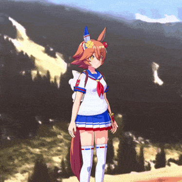 a girl in a sailor outfit is standing in front of a mountain range