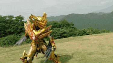 a person in a golden armor is standing in a grassy field