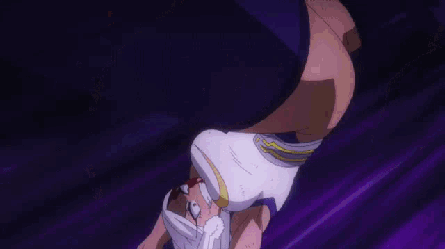 a cartoon character is laying on her back in a dark room with a purple background .