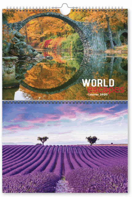 a world escapes calendar for 2020 shows a bridge and a lavender field