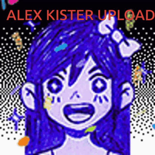 a drawing of a girl with blue hair and the words alex kister upload in red