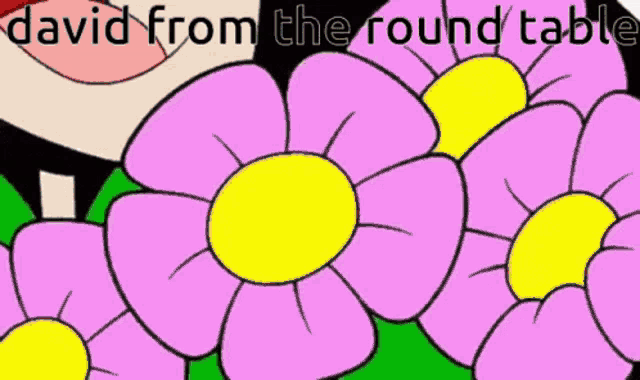 a cartoon of a man holding a bunch of pink flowers .