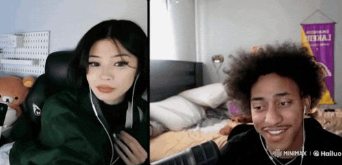 a man and a woman are having a video call and the man is wearing a green jacket with the letter g on the back