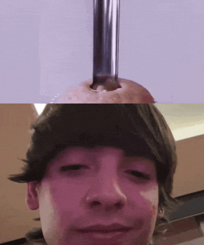 a close up of a person 's face and a close up of a hole in an apple