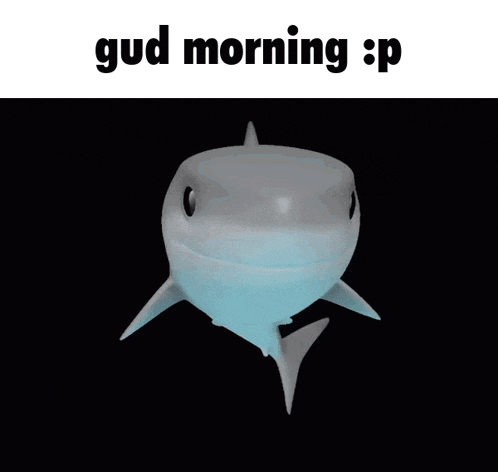 a shark is swimming in the water with the words gud morning : p below it