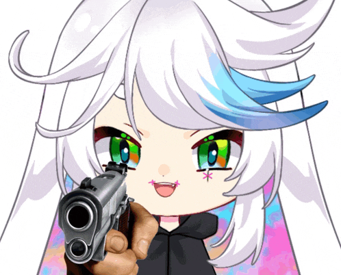 a drawing of a girl with white hair pointing a gun
