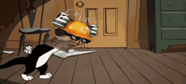 a cartoon cat wearing a hard hat and sunglasses is walking in a room