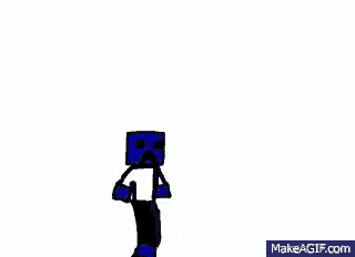 a drawing of a creeper with a blue head and blue pants is dancing on a white background .
