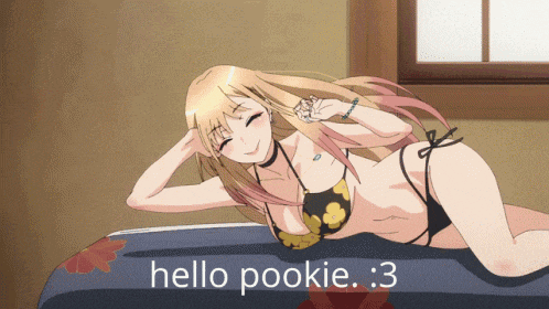 a girl in a bikini laying on a bed with the words hello pookie : 3 below her