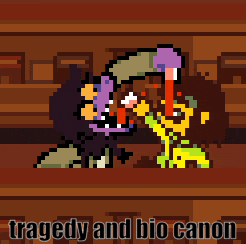 a pixel art of a man and a woman fighting with the words tragedy and bio canon below them