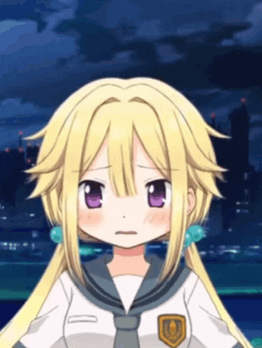a cartoon character with blonde hair and purple eyes