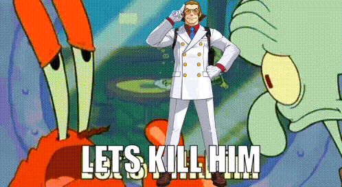a cartoon of a man in a white suit standing next to a crab with the words let 's kill him on the bottom