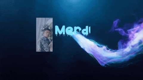 a blue background with the word merdi and a picture of a person