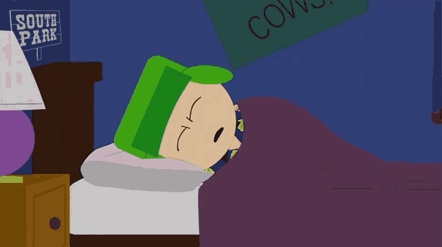 a cartoon character laying in a bed with a south park sign behind him
