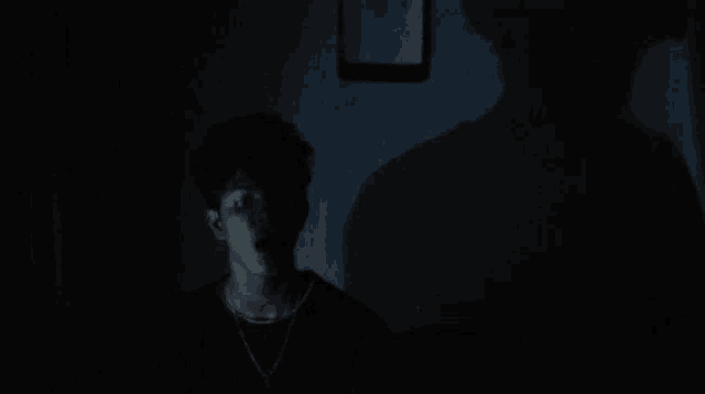 a man is standing in a dark room with a shadow of another man on the wall .