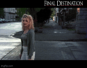 a woman is walking down a sidewalk with the words final destination behind her