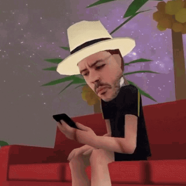 a cartoon man wearing a hat is sitting on a couch looking at his phone