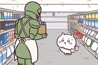 a cartoon of a man and a bear in a supermarket