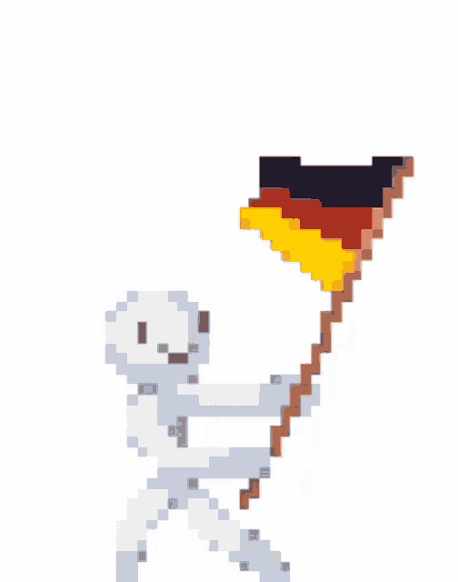 a pixel art skeleton is holding a german flag .