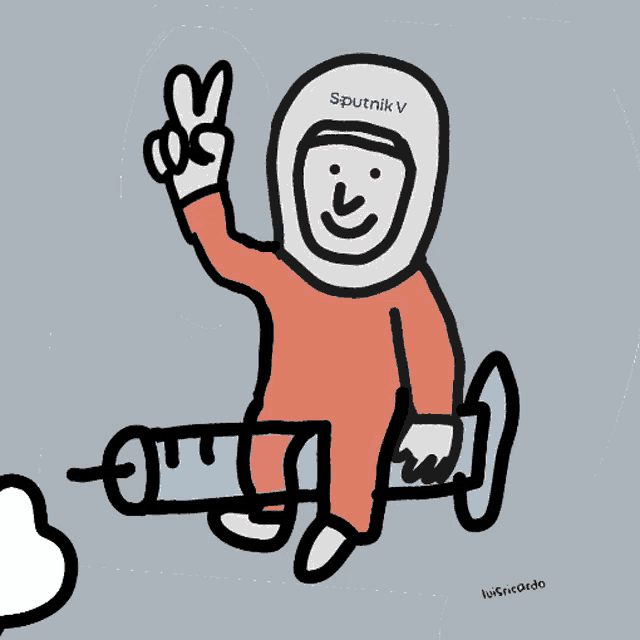 a cartoon of sputnik v giving a peace sign while holding a syringe