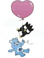 a care bear is holding a pink heart shaped balloon and a black bird is holding a pink heart shaped balloon .