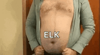 a man with a very large belly is wearing a shirt that says elk on it .
