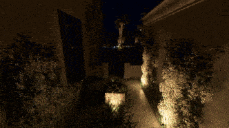 a brick walkway leading to a house with a palm tree in the background