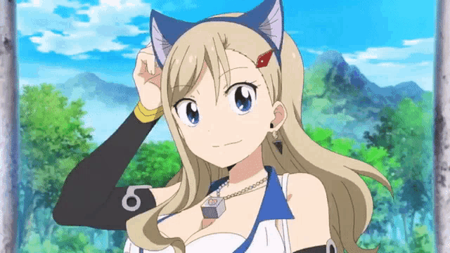 a blonde anime girl with cat ears and a necklace with the letter o on it