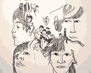a black and white drawing of people 's faces including a man 's face