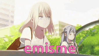 a couple of anime girls standing next to each other with the word emisme in pink letters .