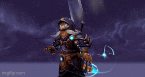 a video game character is holding a sword and says have no fear .