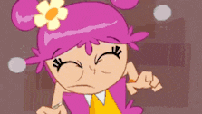 a cartoon character with pink hair and a yellow flower in her hair