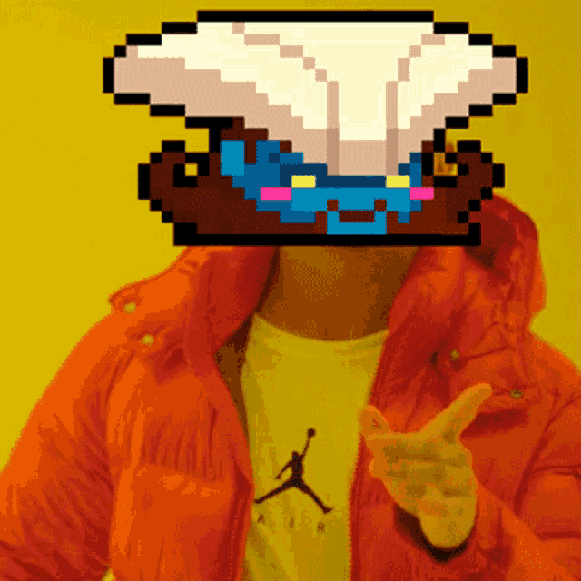 a man wearing an orange jacket has a pixel art of a chef hat on his head