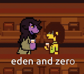 a pixel art of a woman holding a drink and the words eden and zero below her .
