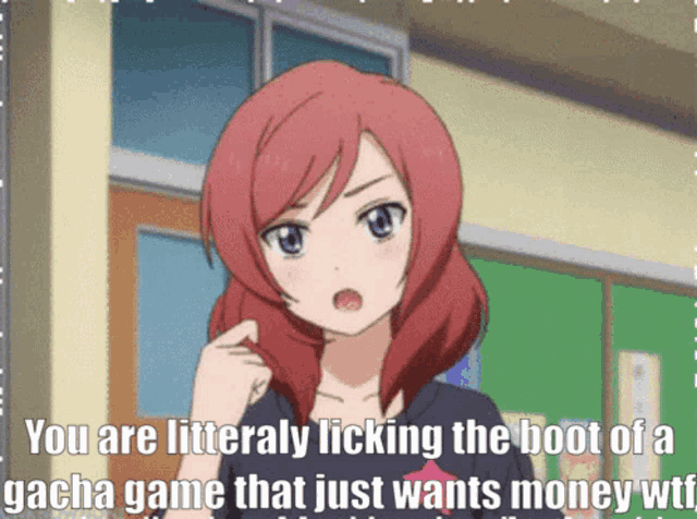 a girl with red hair is talking about a gacha game that just wants money wtf